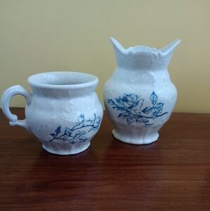 White and Blue Floral Ceramic Pitcher and Mug Set